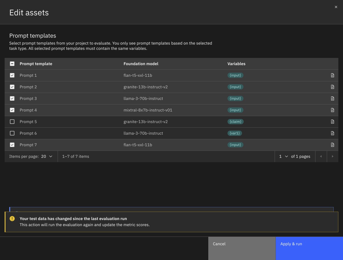 Edit assets screen showing 'Your test data has changed' warning